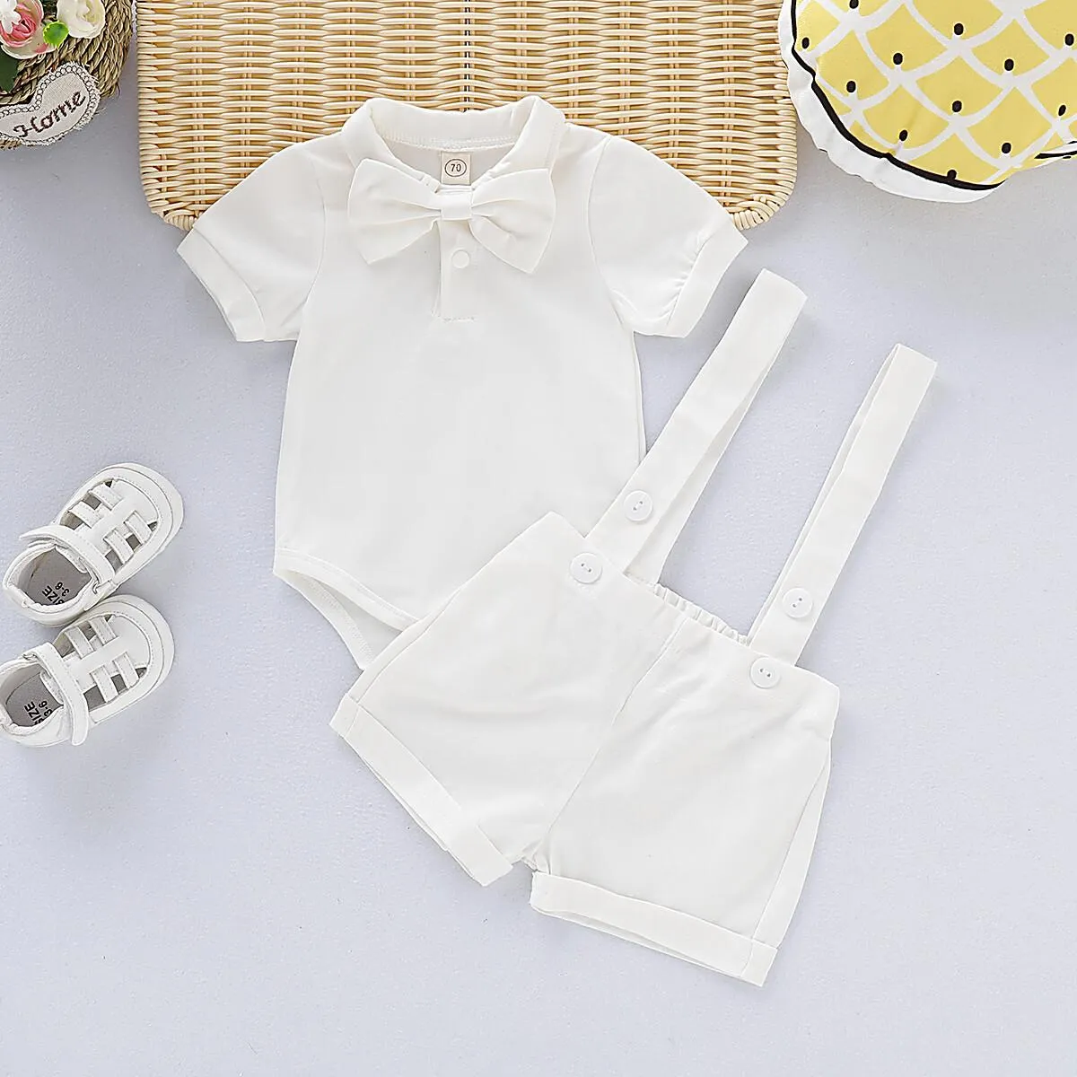 3-24M Christening Newborn Baby Boys Clothes Baby Boys 2PCS Outfits Short Sleeve Lapel Romper Tops Overall Shorts Gentle Set White Catpapa 190390-1