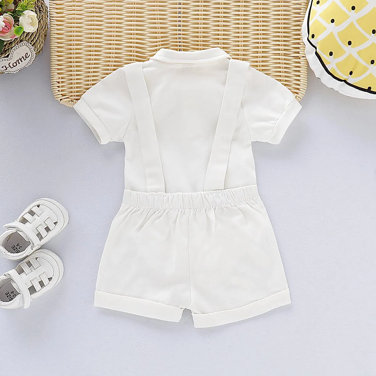 3-24M Christening Newborn Baby Boys Clothes Baby Boys 2PCS Outfits Short Sleeve Lapel Romper Tops Overall Shorts Gentle Set White Catpapa 190390-1