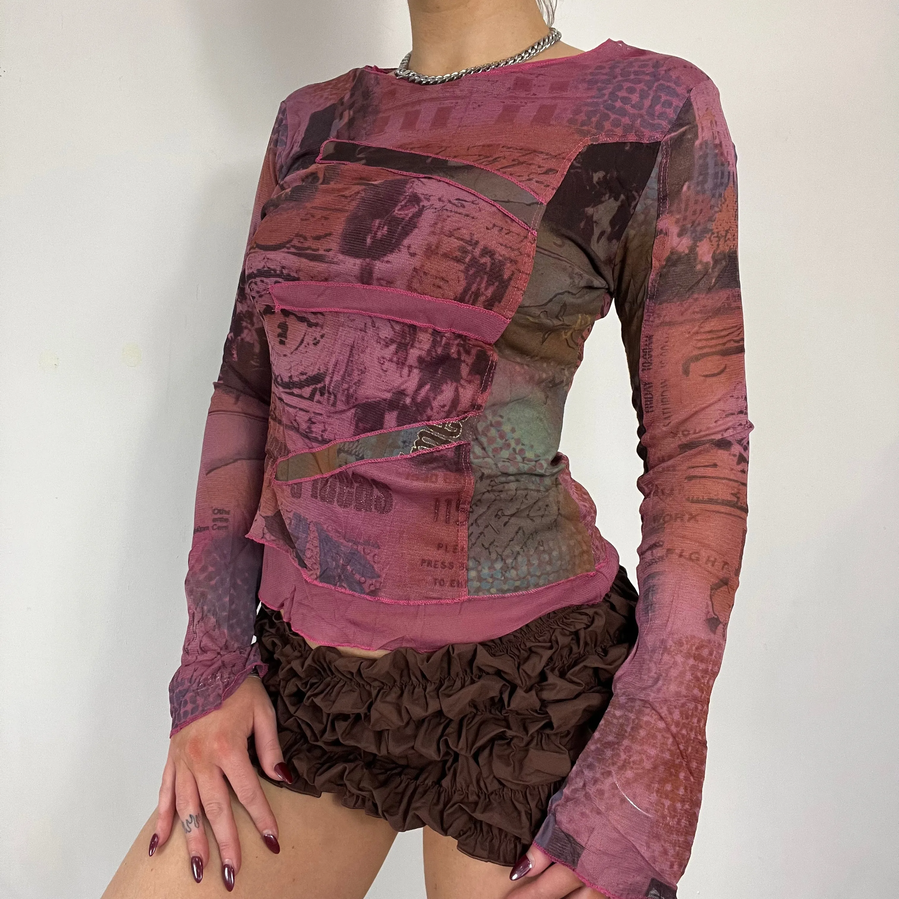 90s Cache Cache mesh graphic long sleeve top - Size S/M