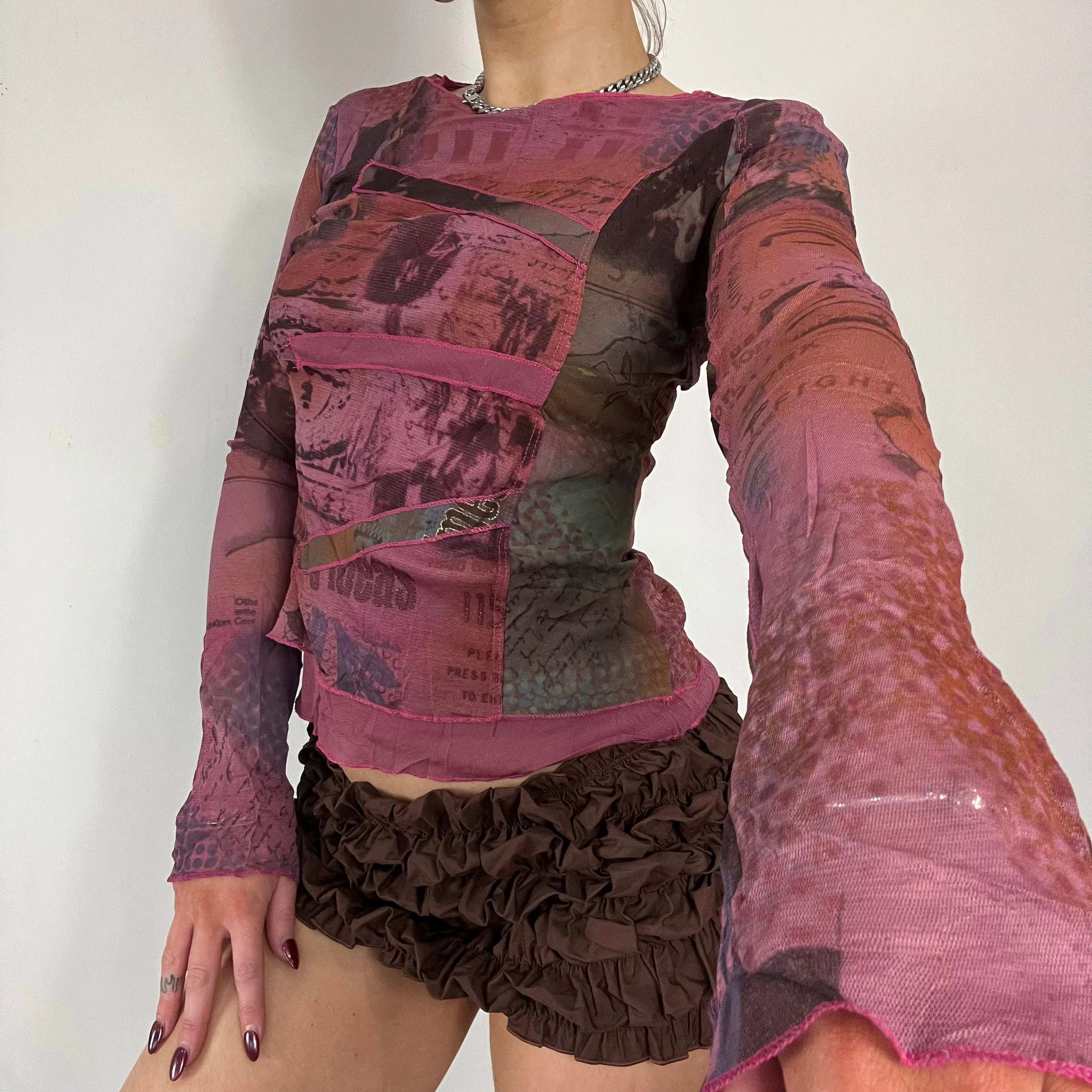 90s Cache Cache mesh graphic long sleeve top - Size S/M