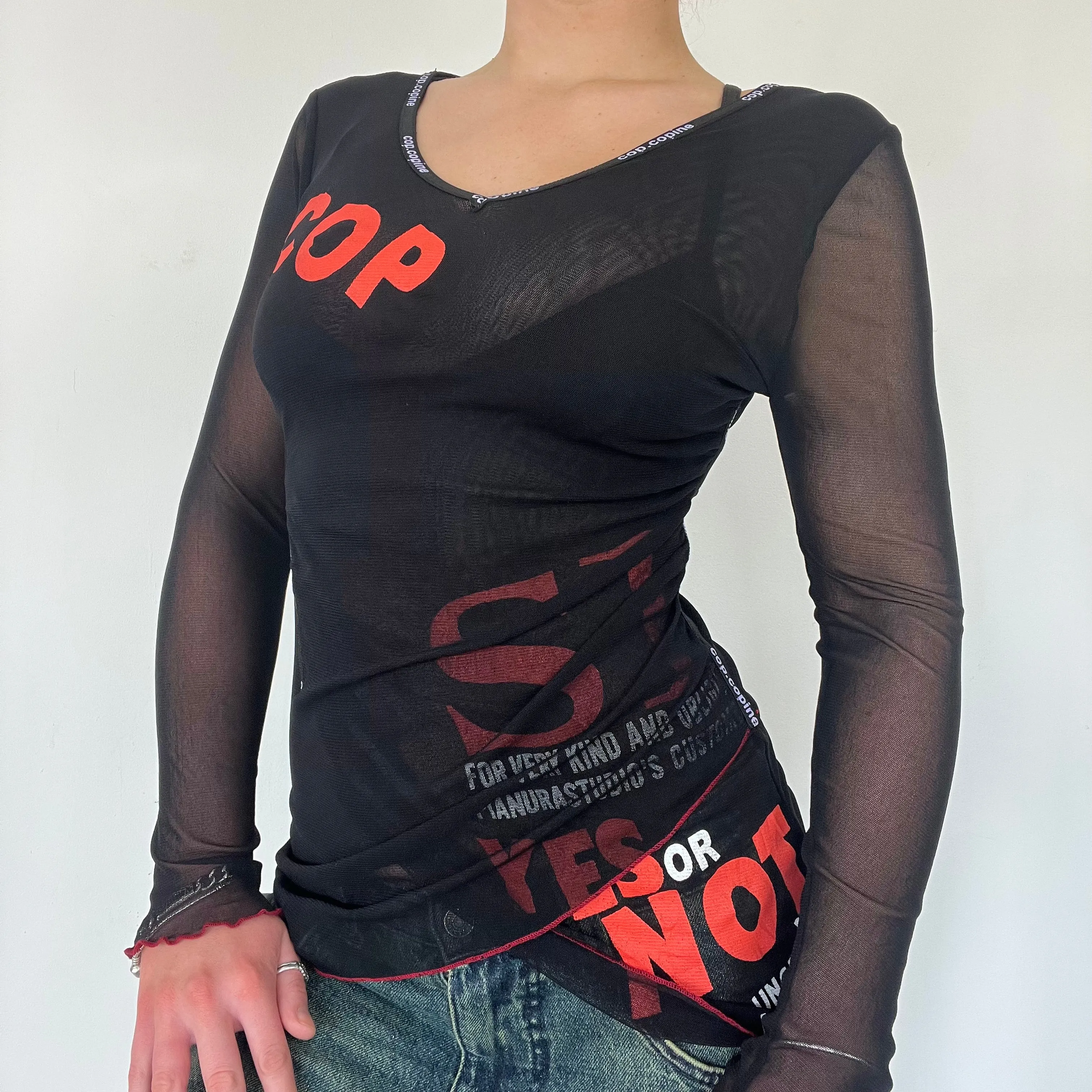 90s Cop Copine mesh graphic print long sleeve top - Size S