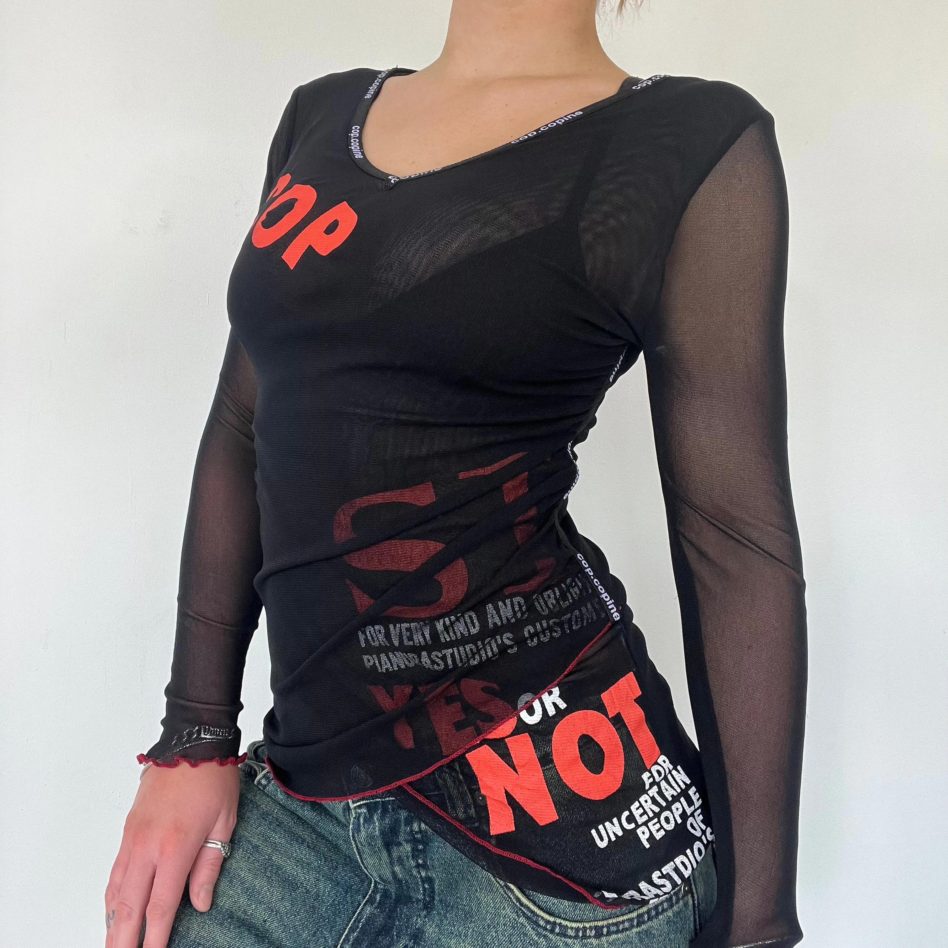 90s Cop Copine mesh graphic print long sleeve top - Size S