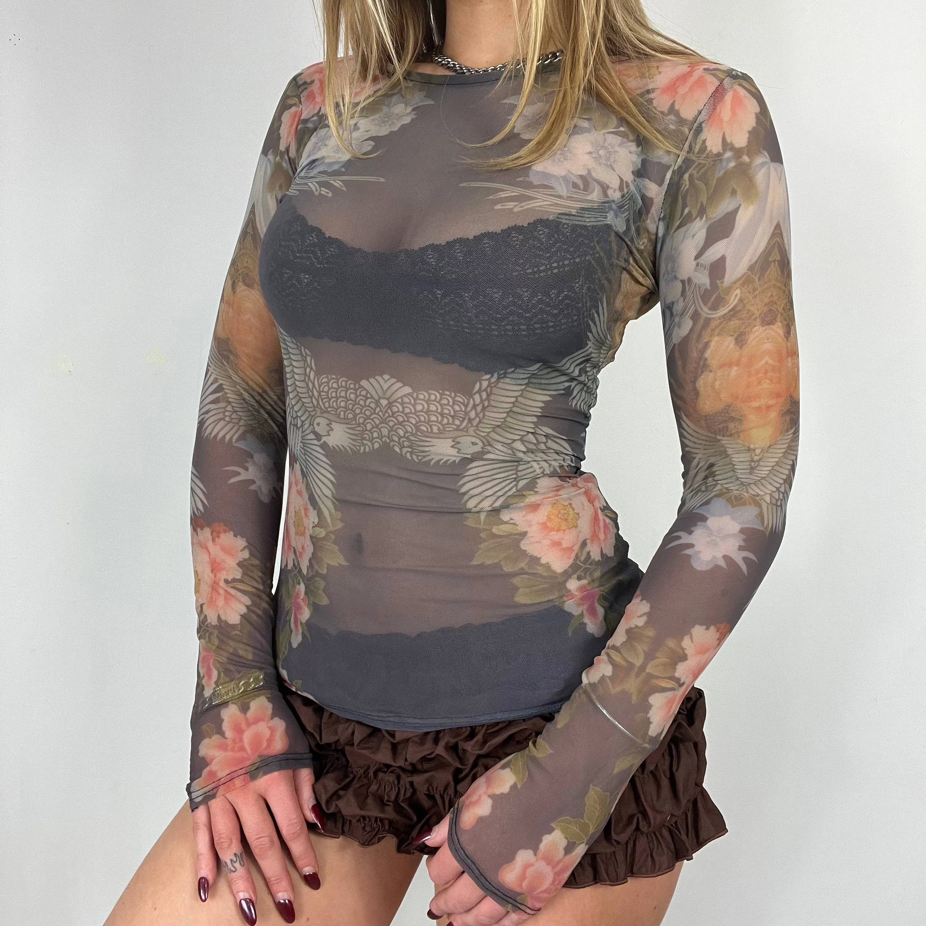 90s graphic print mesh long sleeve top - Size S