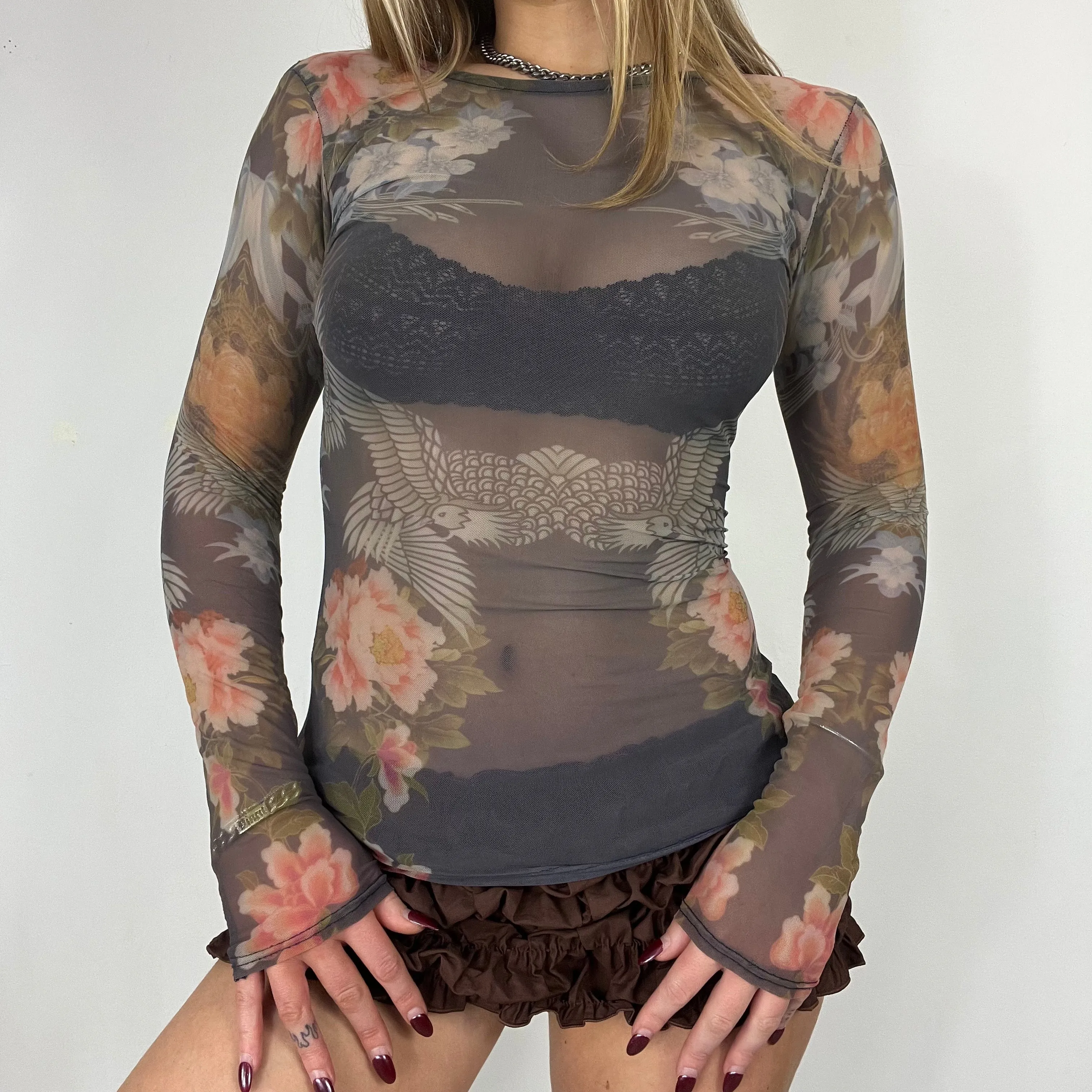 90s graphic print mesh long sleeve top - Size S