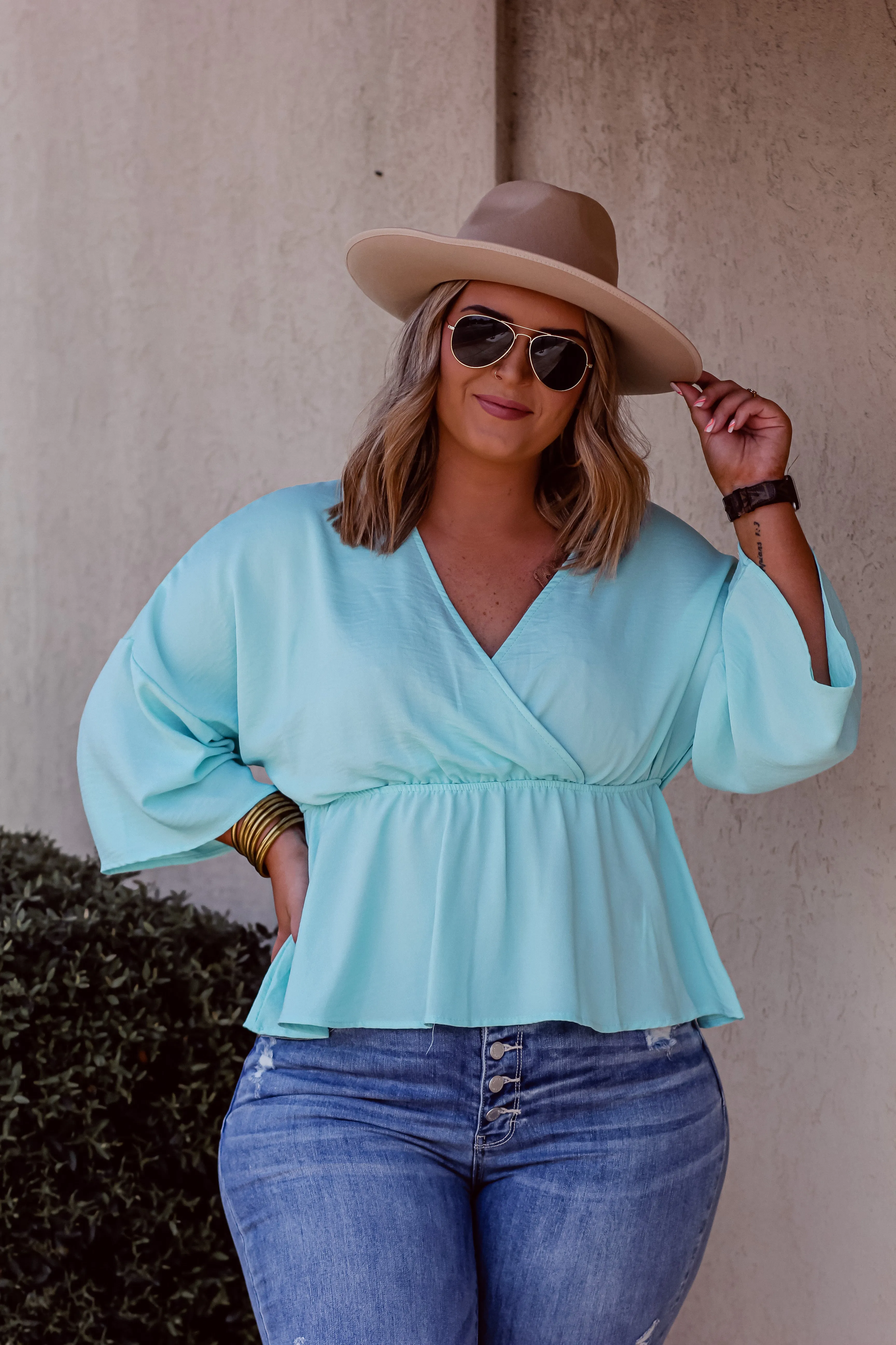 Aqua Surplice Kimono Sleeve Blouse