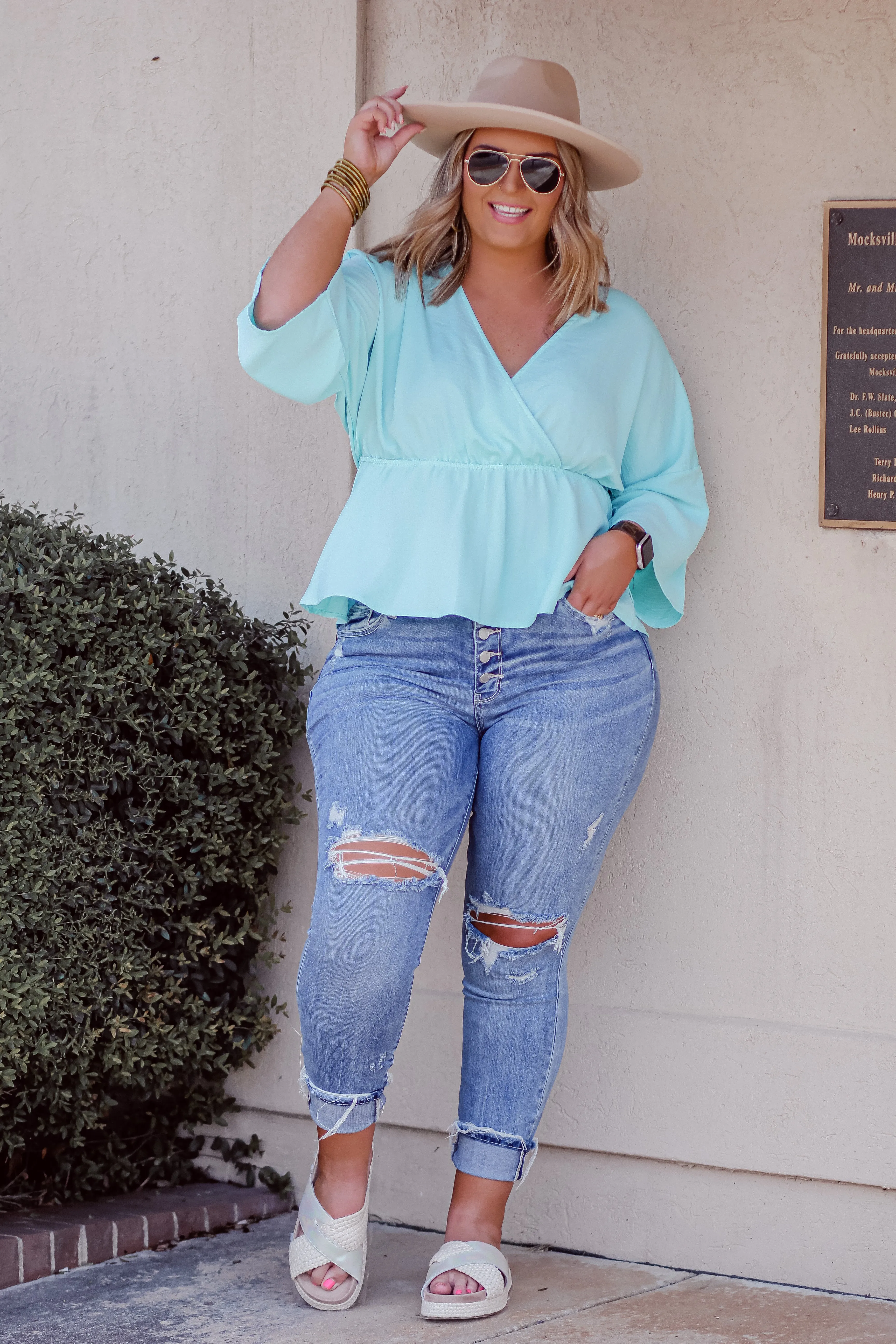 Aqua Surplice Kimono Sleeve Blouse