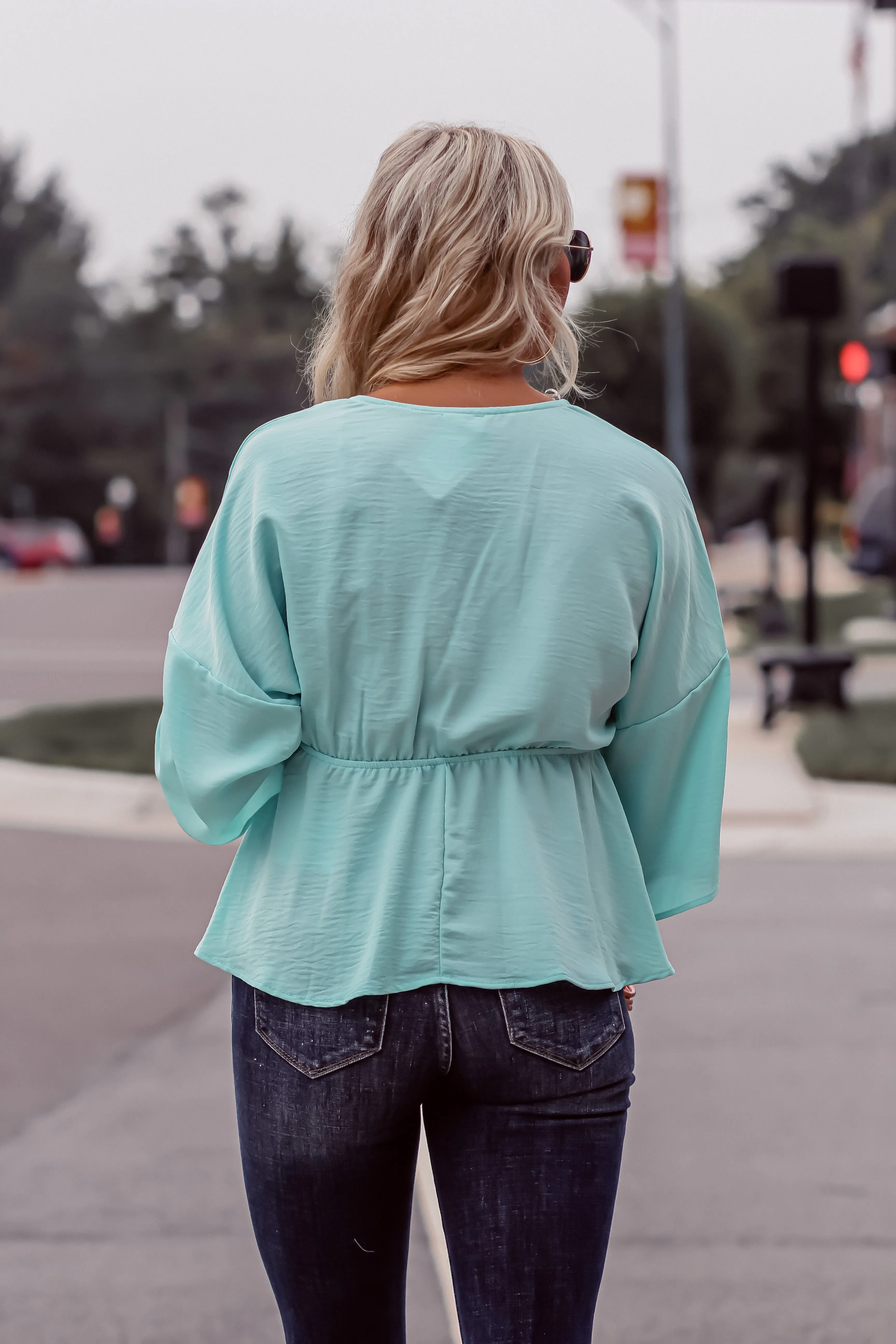 Aqua Surplice Kimono Sleeve Blouse