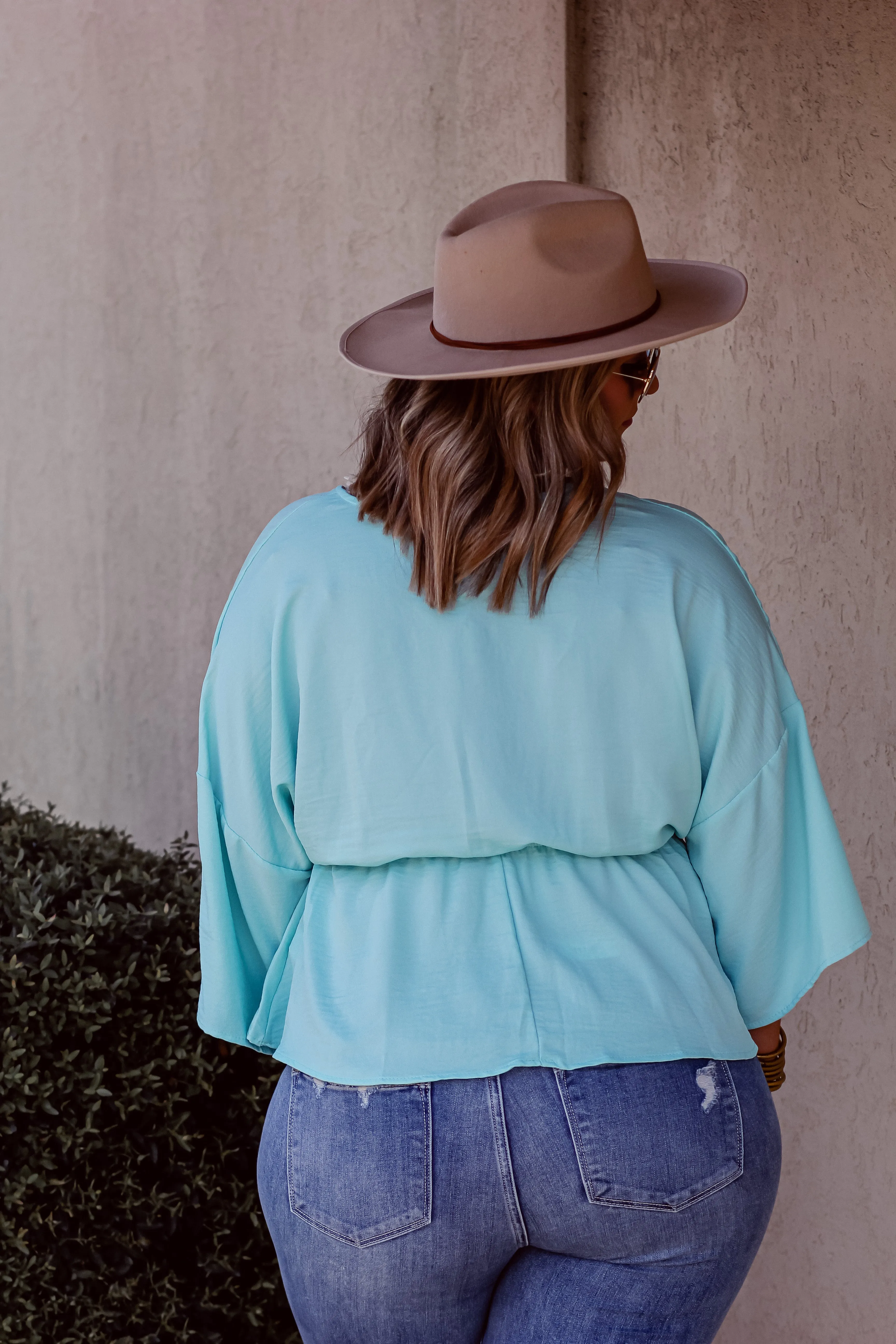 Aqua Surplice Kimono Sleeve Blouse