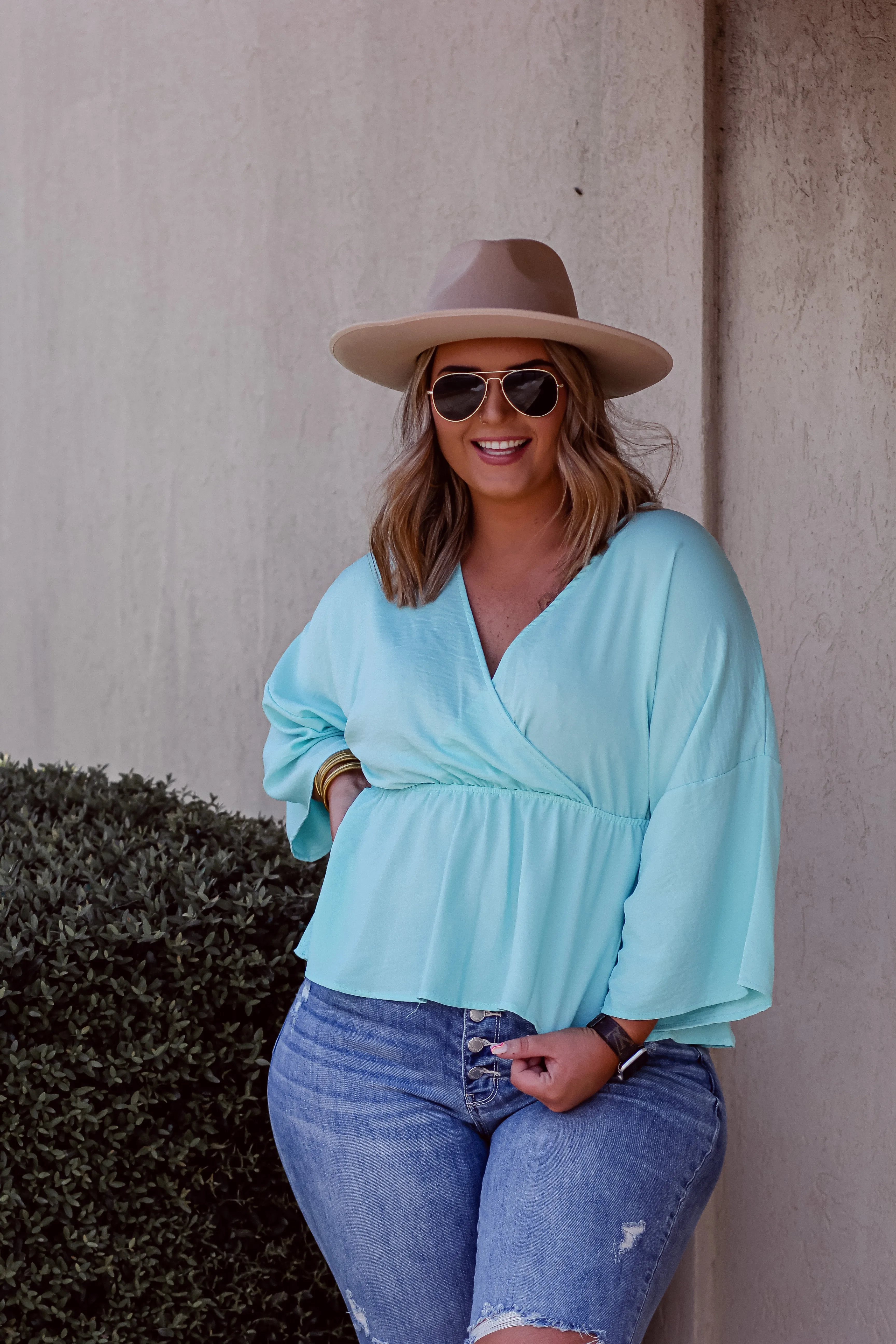 Aqua Surplice Kimono Sleeve Blouse