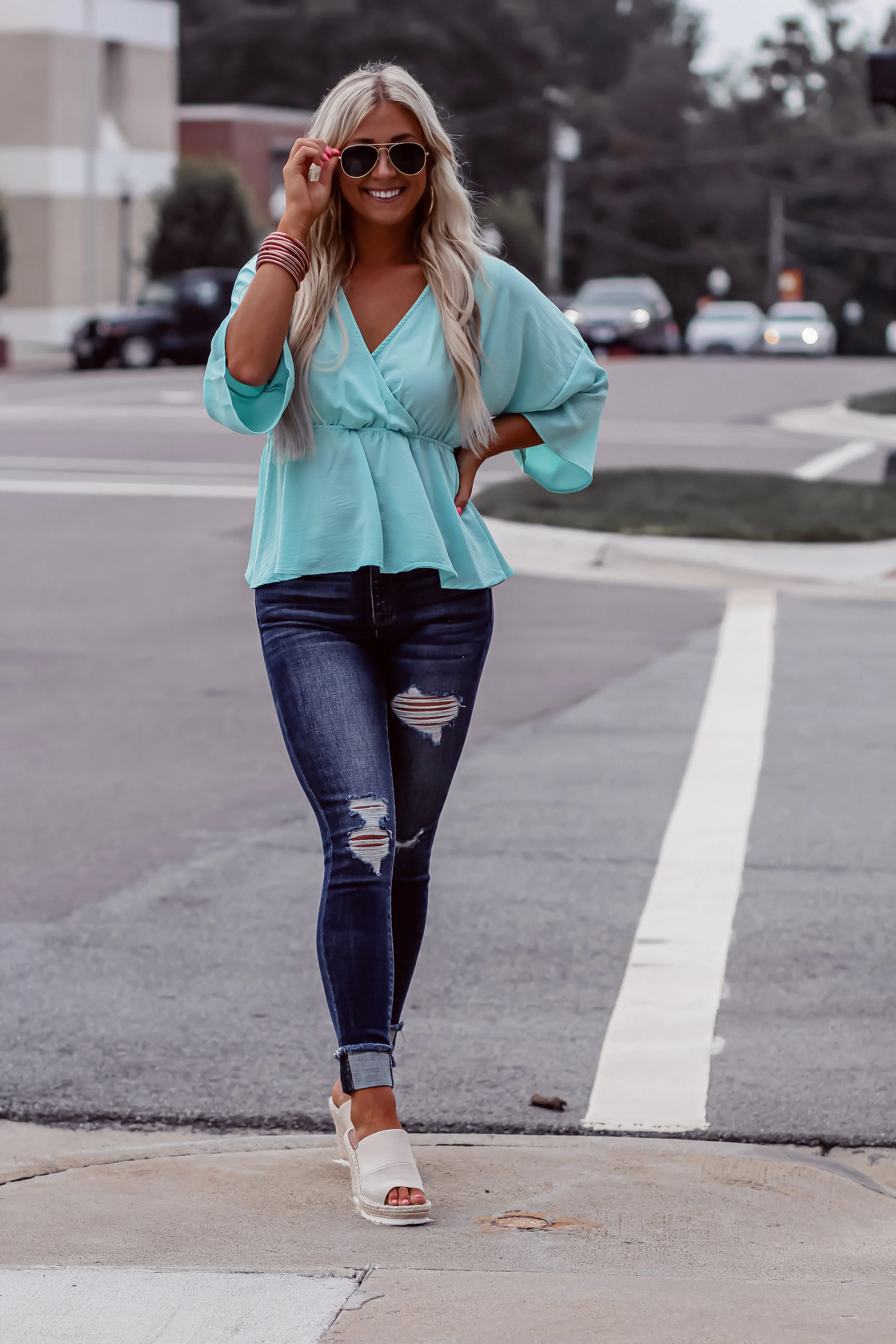 Aqua Surplice Kimono Sleeve Blouse