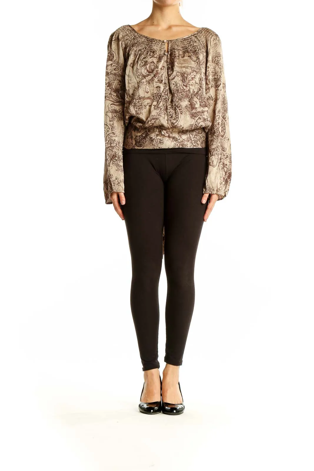 Beige Floral Silk Peasant Blouse