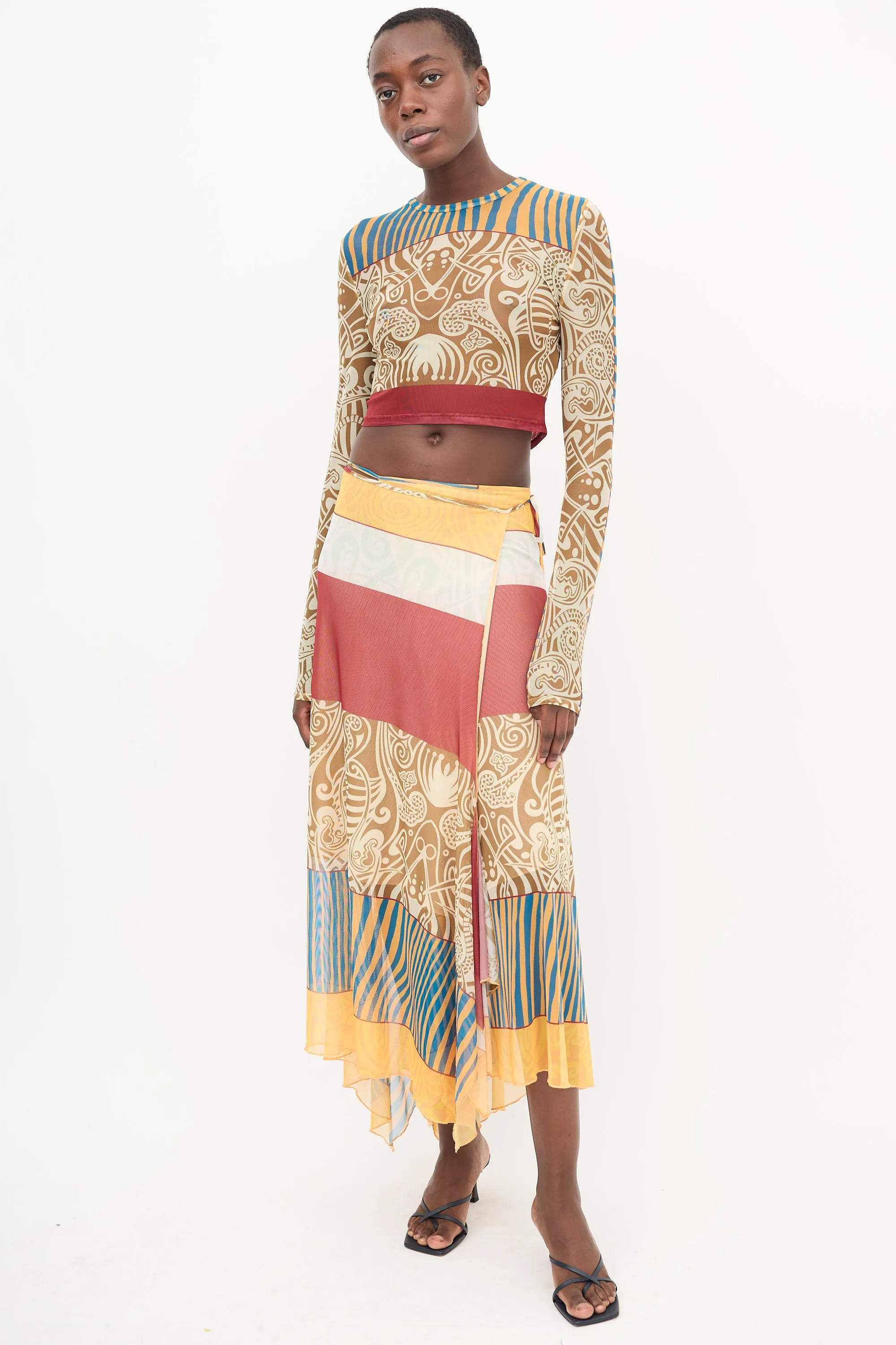 Brown & Multi Mesh Printed Top