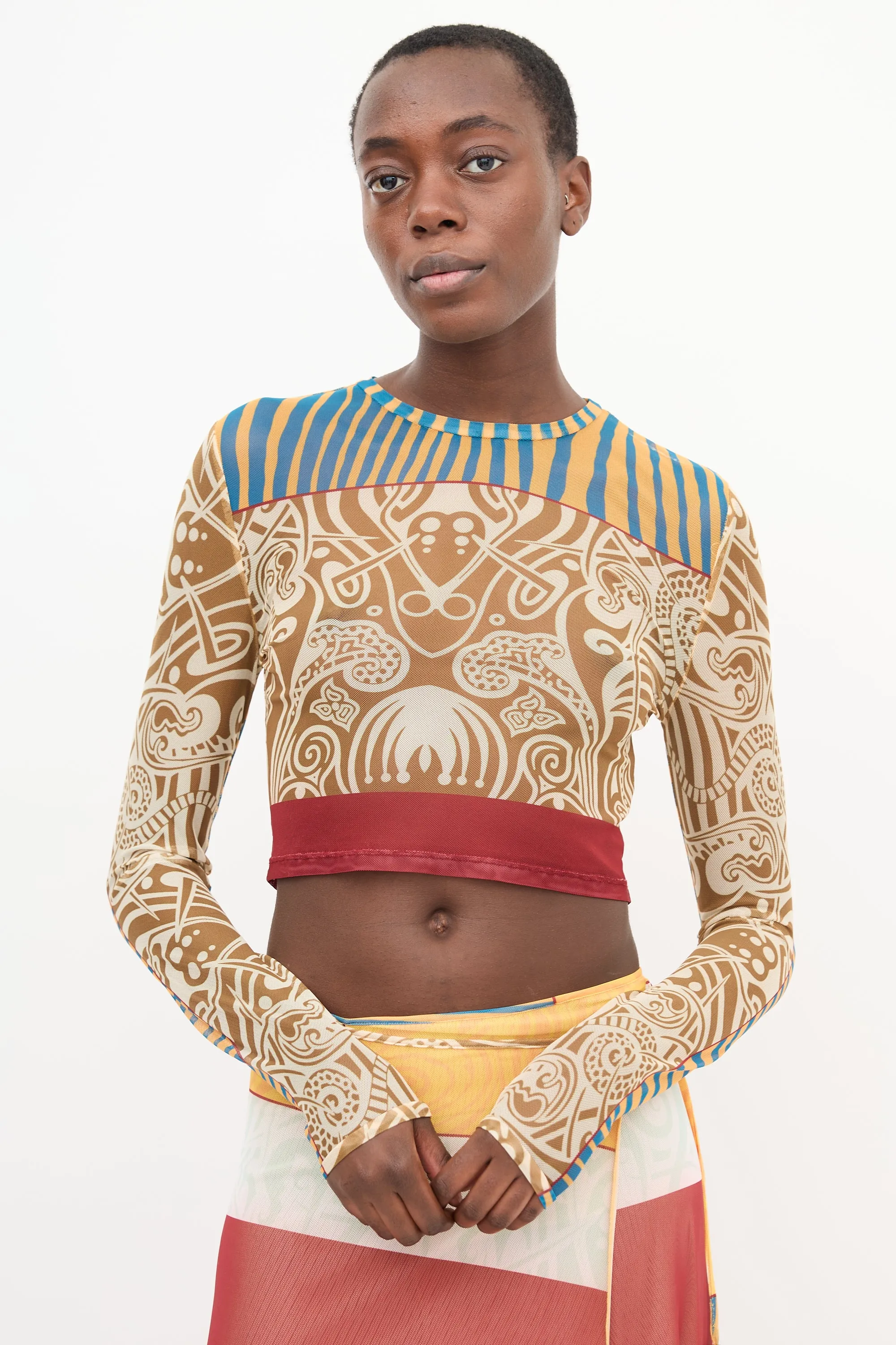 Brown & Multi Mesh Printed Top