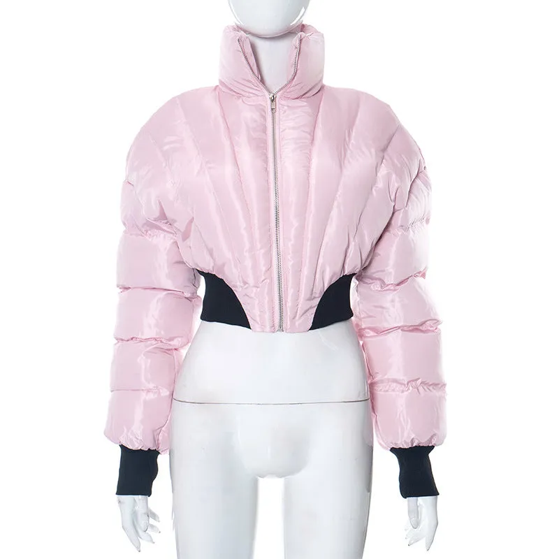 cold weather outfits Joskaa Fashion Women Pink Broad Shoulder Puffer Jacket Slim High Waist Bubble Coats Striped Puffer Parka Zipper Lapel Short Down Jacket
