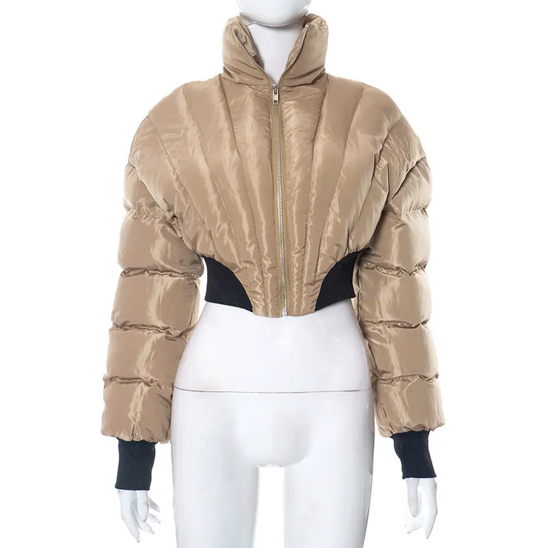 cold weather outfits Joskaa Fashion Women Pink Broad Shoulder Puffer Jacket Slim High Waist Bubble Coats Striped Puffer Parka Zipper Lapel Short Down Jacket