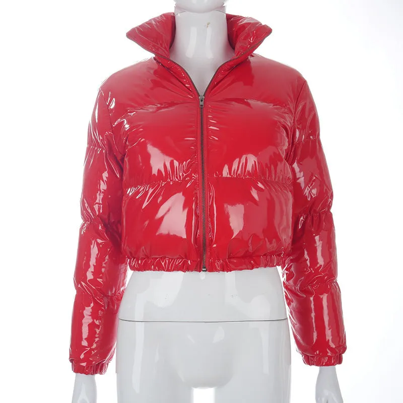 cold weather outfits Joskaa Winter Party Women Bright PU Red Puffer Jackets Warm Puffly Bubble Coats Shiny Black Leather Cropped Jackets Zipper Parkas Down