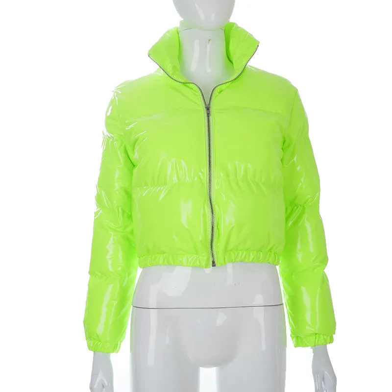 cold weather outfits Joskaa Winter Party Women Bright PU Red Puffer Jackets Warm Puffly Bubble Coats Shiny Black Leather Cropped Jackets Zipper Parkas Down