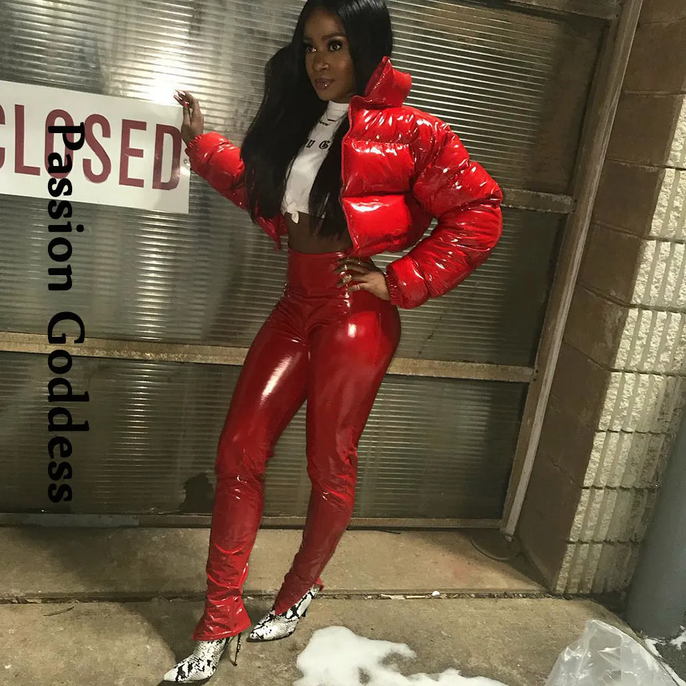 cold weather outfits Joskaa Winter Party Women Bright PU Red Puffer Jackets Warm Puffly Bubble Coats Shiny Black Leather Cropped Jackets Zipper Parkas Down