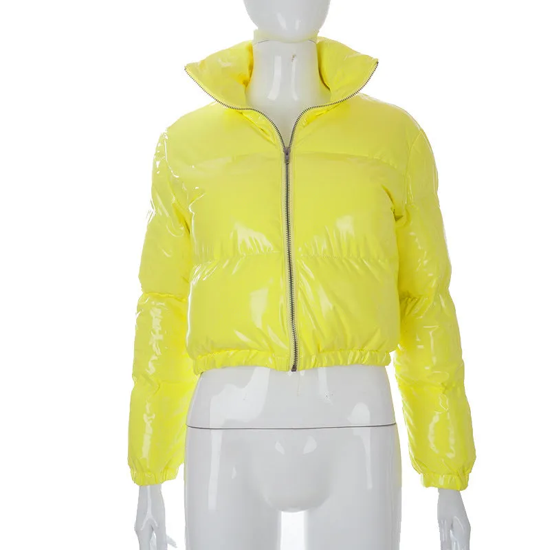 cold weather outfits Joskaa Winter Party Women Bright PU Red Puffer Jackets Warm Puffly Bubble Coats Shiny Black Leather Cropped Jackets Zipper Parkas Down