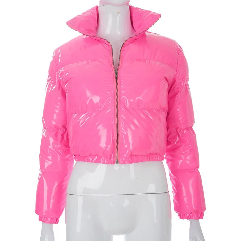 cold weather outfits Joskaa Winter Party Women Bright PU Red Puffer Jackets Warm Puffly Bubble Coats Shiny Black Leather Cropped Jackets Zipper Parkas Down