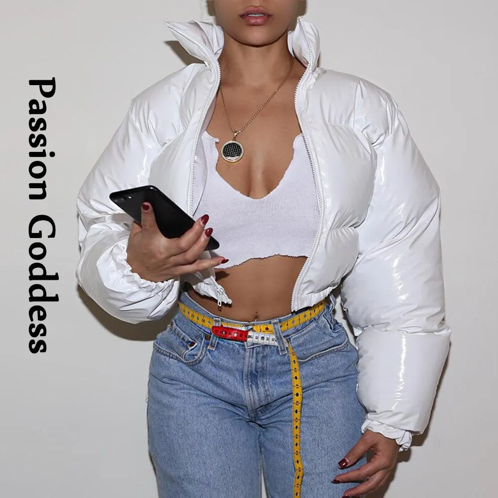 cold weather outfits Joskaa Winter Party Women Bright PU Red Puffer Jackets Warm Puffly Bubble Coats Shiny Black Leather Cropped Jackets Zipper Parkas Down
