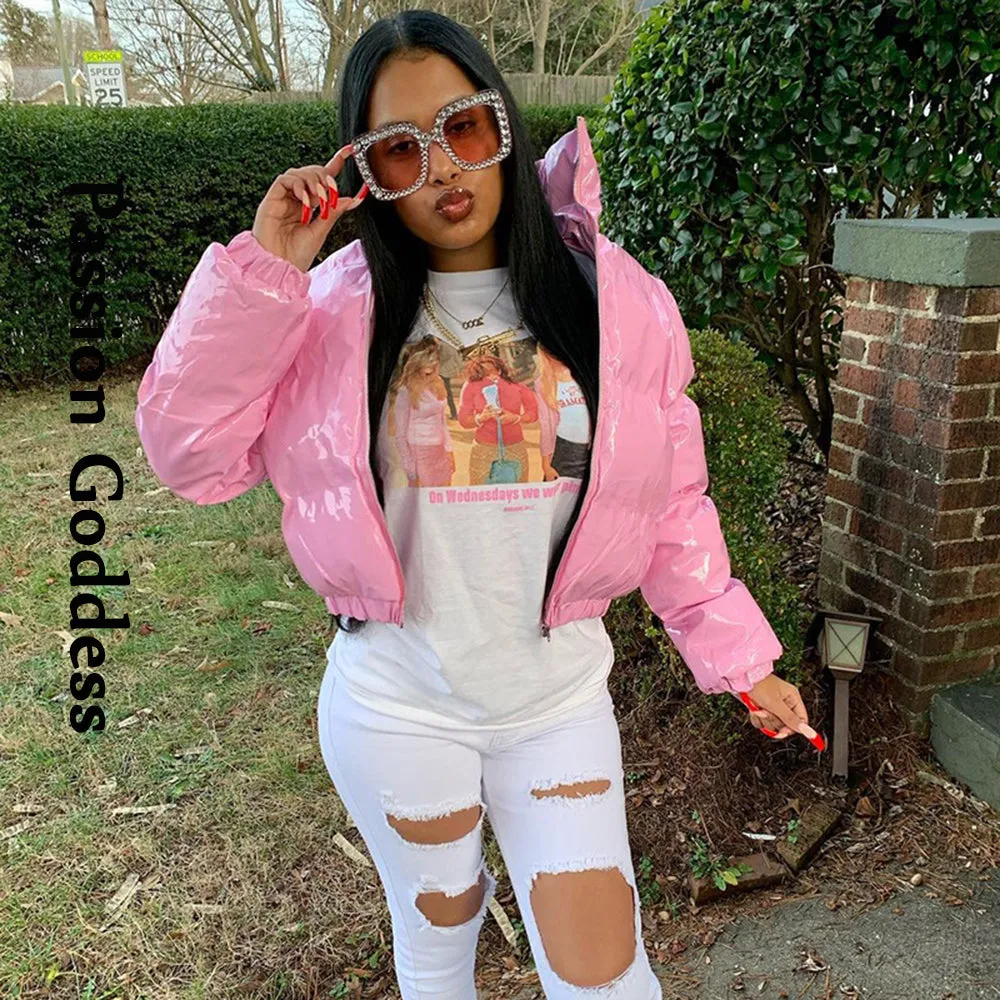 cold weather outfits Joskaa Winter Party Women Bright PU Red Puffer Jackets Warm Puffly Bubble Coats Shiny Black Leather Cropped Jackets Zipper Parkas Down