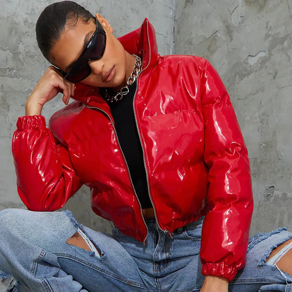 cold weather outfits Joskaa Winter Women Cute Shiny PU Leather Puffer Jacket Warm Thick Bubble Coats Bright Leather Parkas Down Red PU Zipper Cropped Puffer