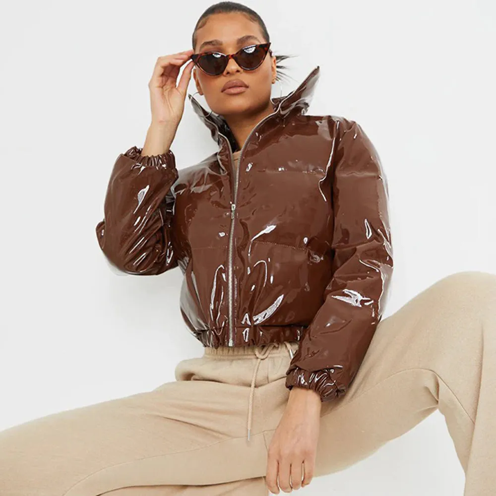 cold weather outfits Joskaa Winter Women Cute Shiny PU Leather Puffer Jacket Warm Thick Bubble Coats Bright Leather Parkas Down Red PU Zipper Cropped Puffer