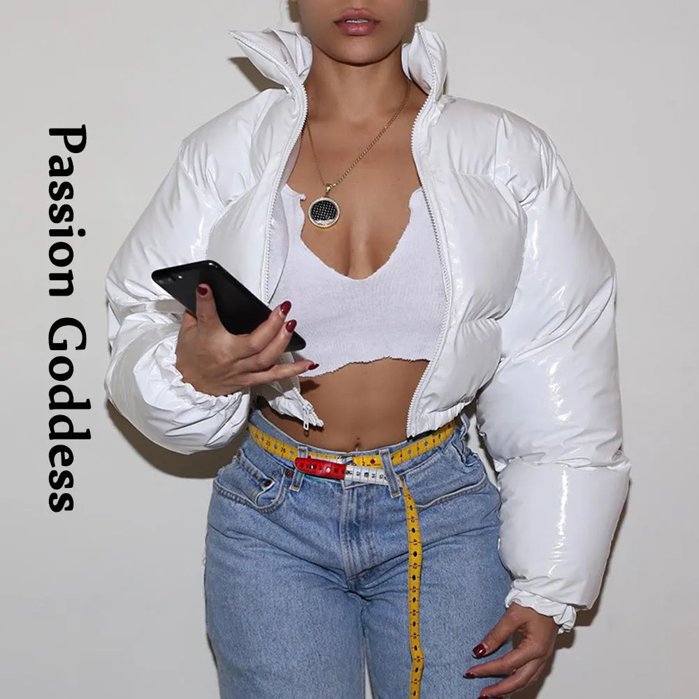 cold weather outfits Joskaa Winter Women Cute Shiny PU Leather Puffer Jacket Warm Thick Bubble Coats Bright Leather Parkas Down Red PU Zipper Cropped Puffer