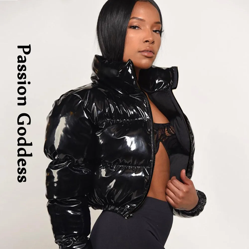 cold weather outfits Joskaa Winter Women Cute Shiny PU Leather Puffer Jacket Warm Thick Bubble Coats Bright Leather Parkas Down Red PU Zipper Cropped Puffer