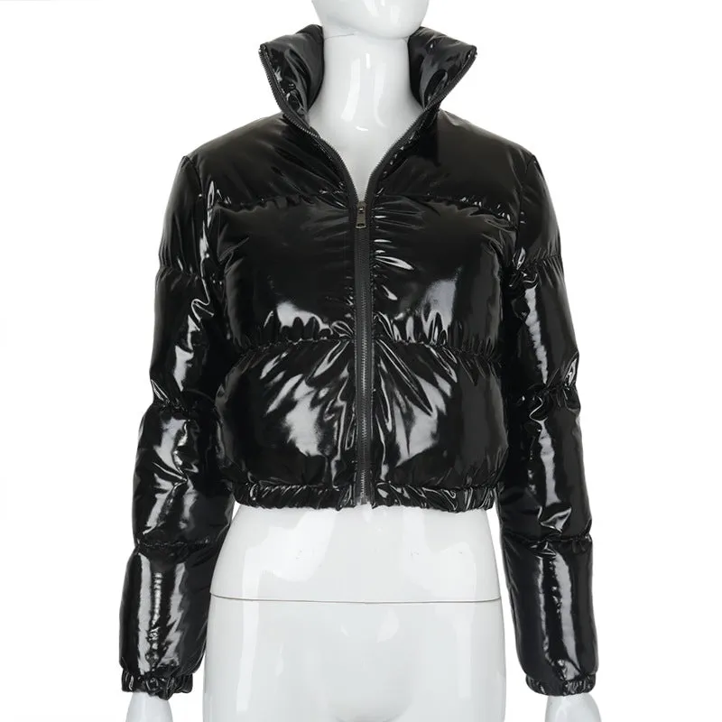 cold weather outfits Joskaa Winter Women Cute Shiny PU Leather Puffer Jacket Warm Thick Bubble Coats Bright Leather Parkas Down Red PU Zipper Cropped Puffer