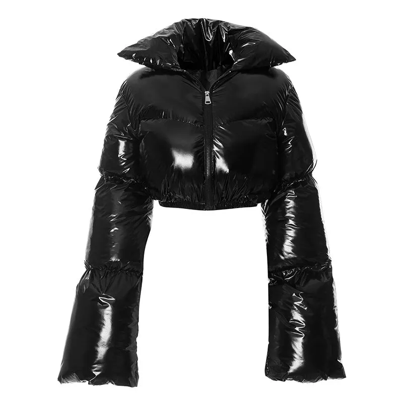 cold weather outfits Joskaa Winter Women Shinny PU Leather Puffer Jackets Warm Cute Bubble Coats Outerwear Bright Leather Parka Down Zipper Cropped Jackets