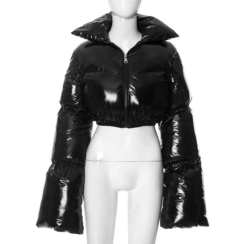 cold weather outfits Joskaa Winter Women Shinny PU Leather Puffer Jackets Warm Cute Bubble Coats Outerwear Bright Leather Parka Down Zipper Cropped Jackets