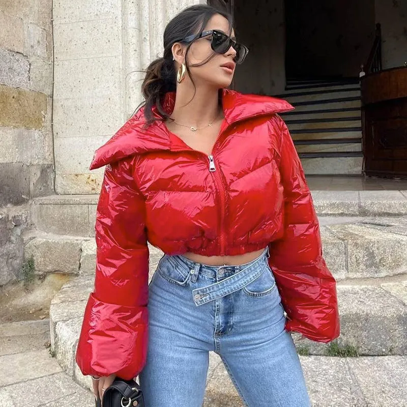 cold weather outfits Joskaa Winter Women Shinny PU Leather Puffer Jackets Warm Cute Bubble Coats Outerwear Bright Leather Parka Down Zipper Cropped Jackets