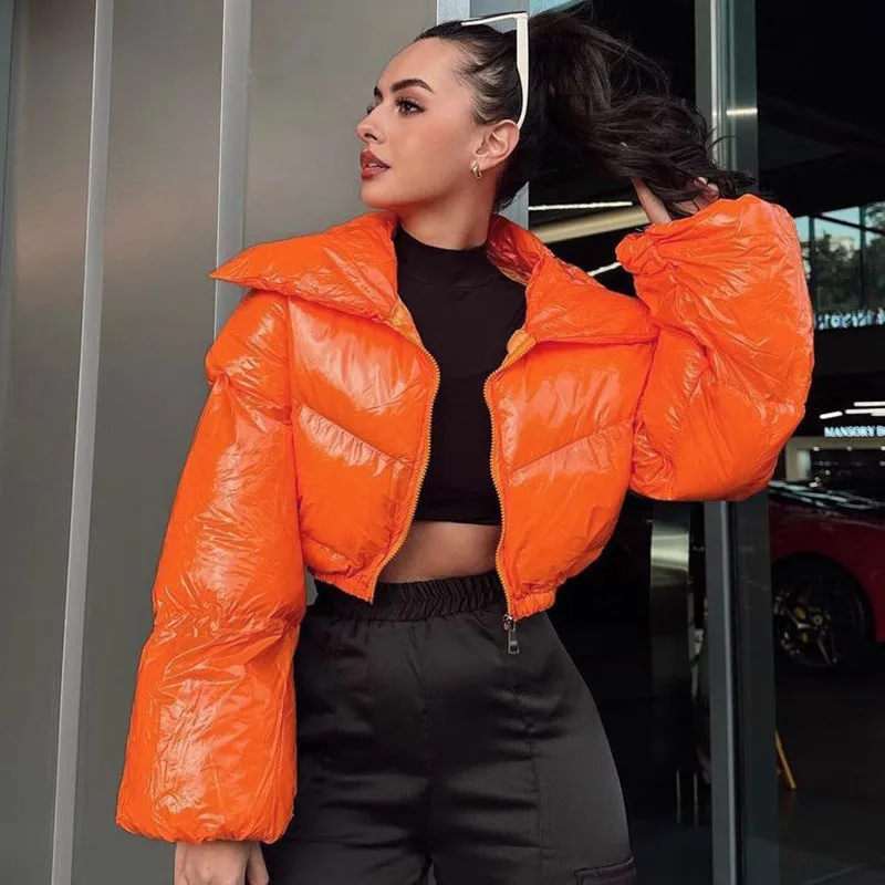 cold weather outfits Joskaa Winter Women Shinny PU Leather Puffer Jackets Warm Cute Bubble Coats Outerwear Bright Leather Parka Down Zipper Cropped Jackets
