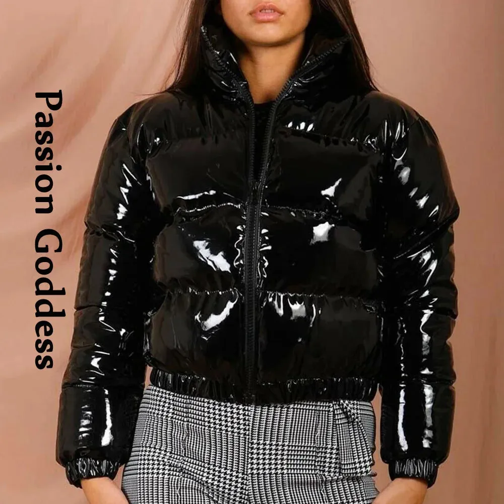 cold weather outfits Joskaa Winter Women Shiny PU Leather Jacket Cropped Parka Warm Thick Bubble Coat Pink Leather Down Parka Zipper Loose Puffly Jacket XXL