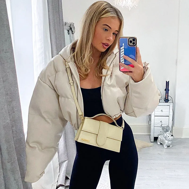 cold weather outfits Joskaa Women PU Leather Hooded Puffer Jacket Winter Thick Warm High Waist Bubble Coats Zipper Hoody Short Puff Down Jackets Overcoat