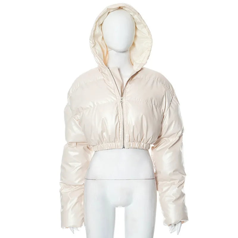 cold weather outfits Joskaa Women PU Leather Hooded Puffer Jacket Winter Thick Warm High Waist Bubble Coats Zipper Hoody Short Puff Down Jackets Overcoat