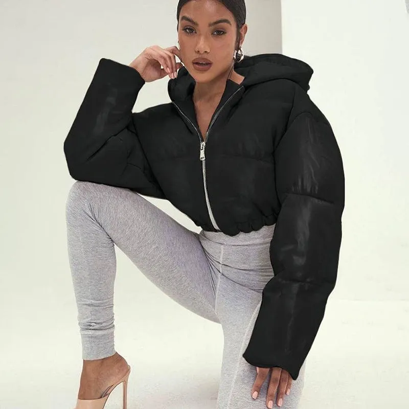 cold weather outfits Joskaa Women PU Leather Hooded Puffer Jacket Winter Thick Warm High Waist Bubble Coats Zipper Hoody Short Puff Down Jackets Overcoat