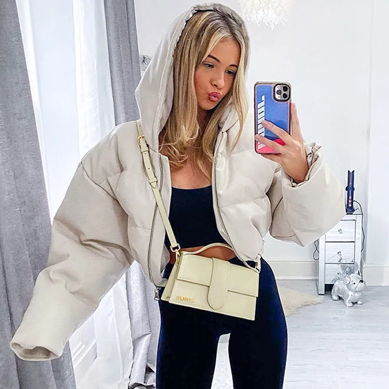 cold weather outfits Joskaa Women PU Leather Hooded Puffer Jacket Winter Thick Warm High Waist Bubble Coats Zipper Hoody Short Puff Down Jackets Overcoat