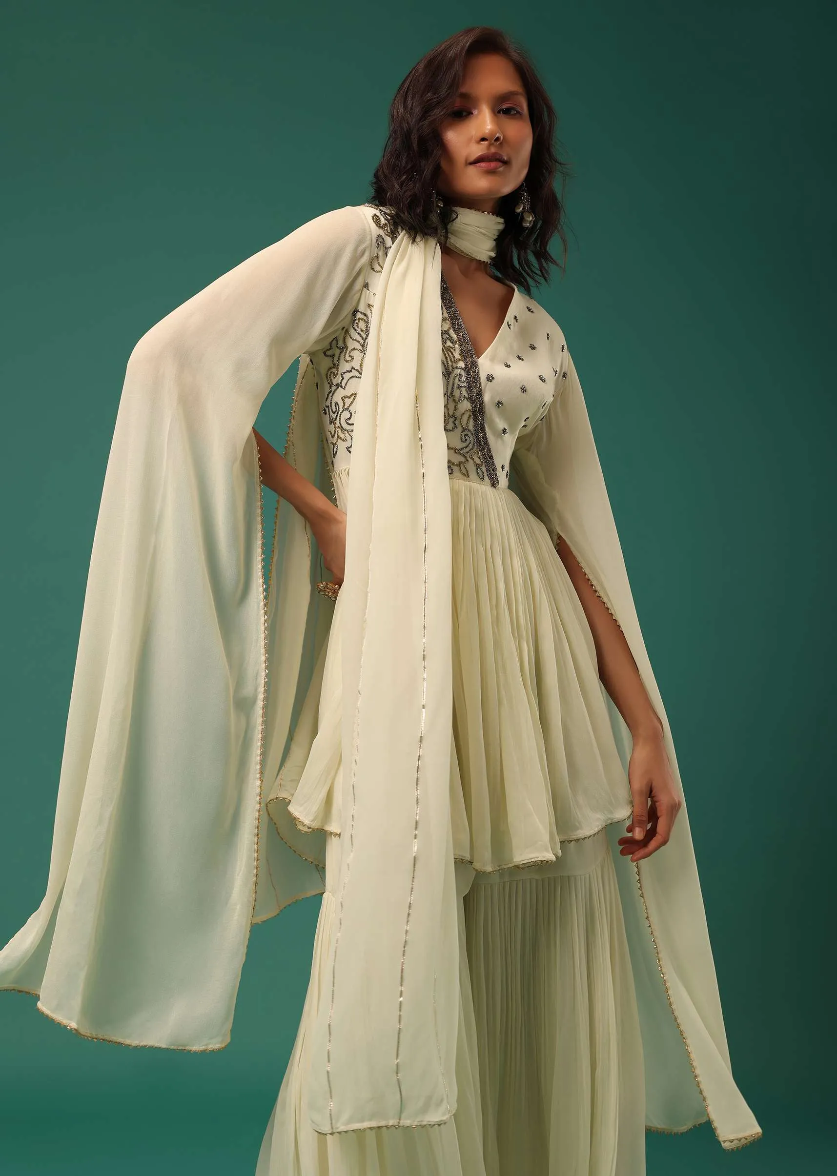 Cream White Sharara Suit Set In Georgette With Fancy Sleeves