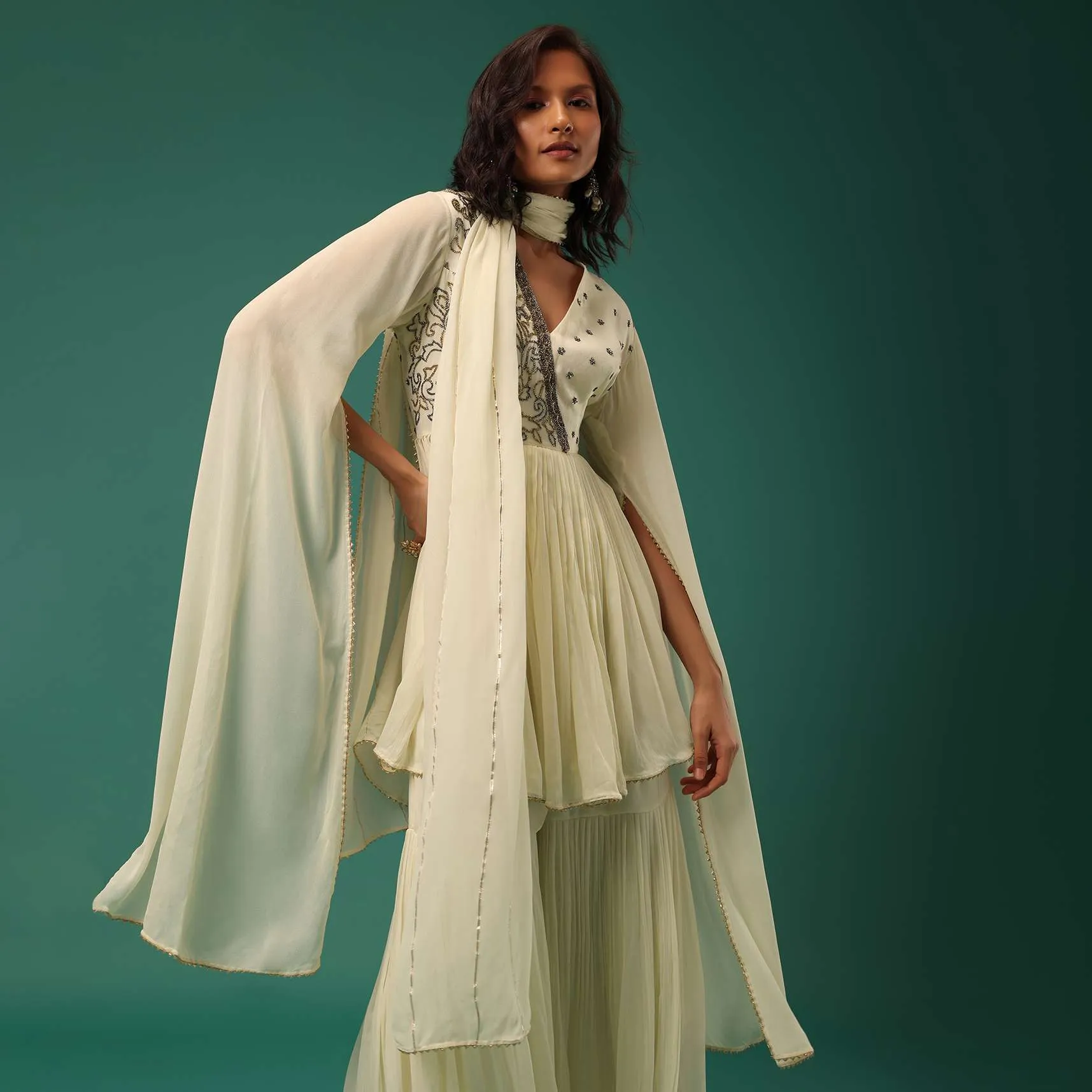 Cream White Sharara Suit Set In Georgette With Fancy Sleeves