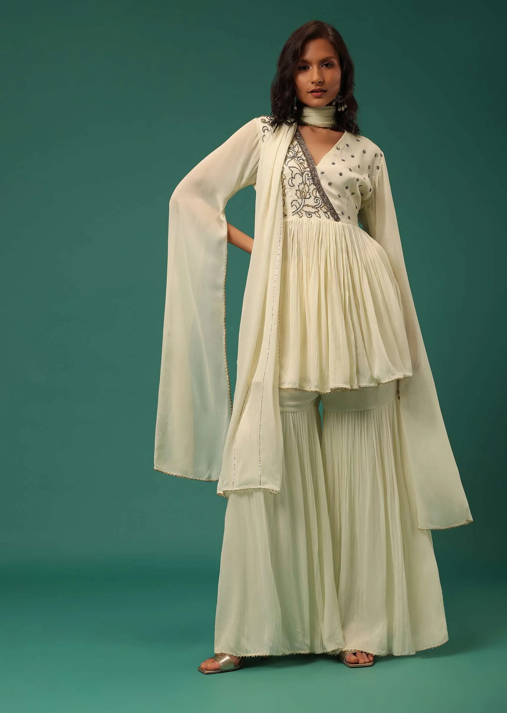 Cream White Sharara Suit Set In Georgette With Fancy Sleeves