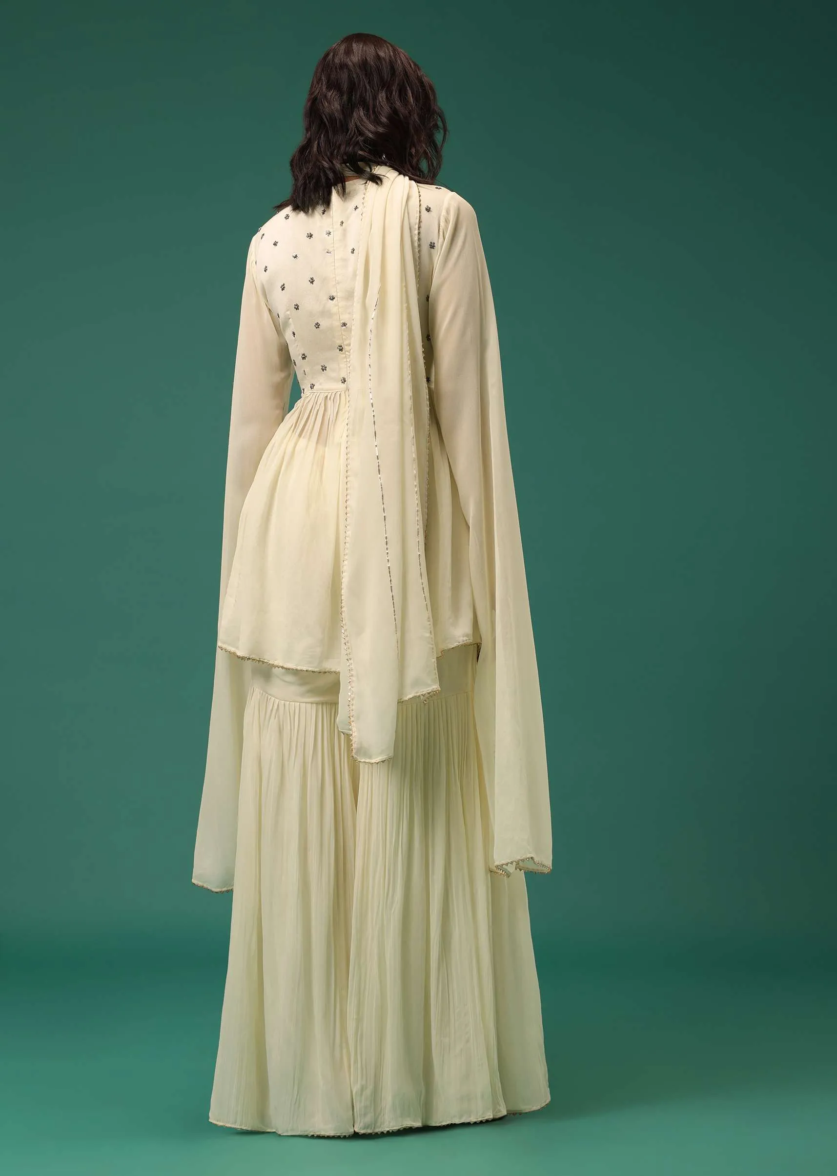Cream White Sharara Suit Set In Georgette With Fancy Sleeves