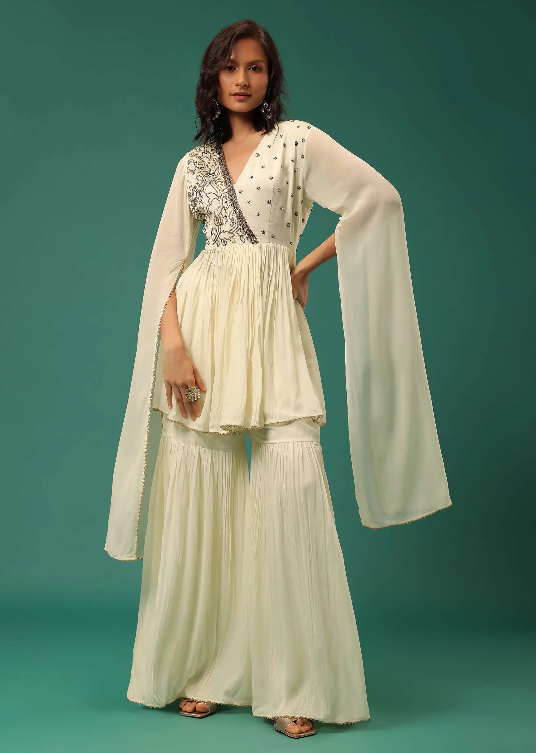 Cream White Sharara Suit Set In Georgette With Fancy Sleeves