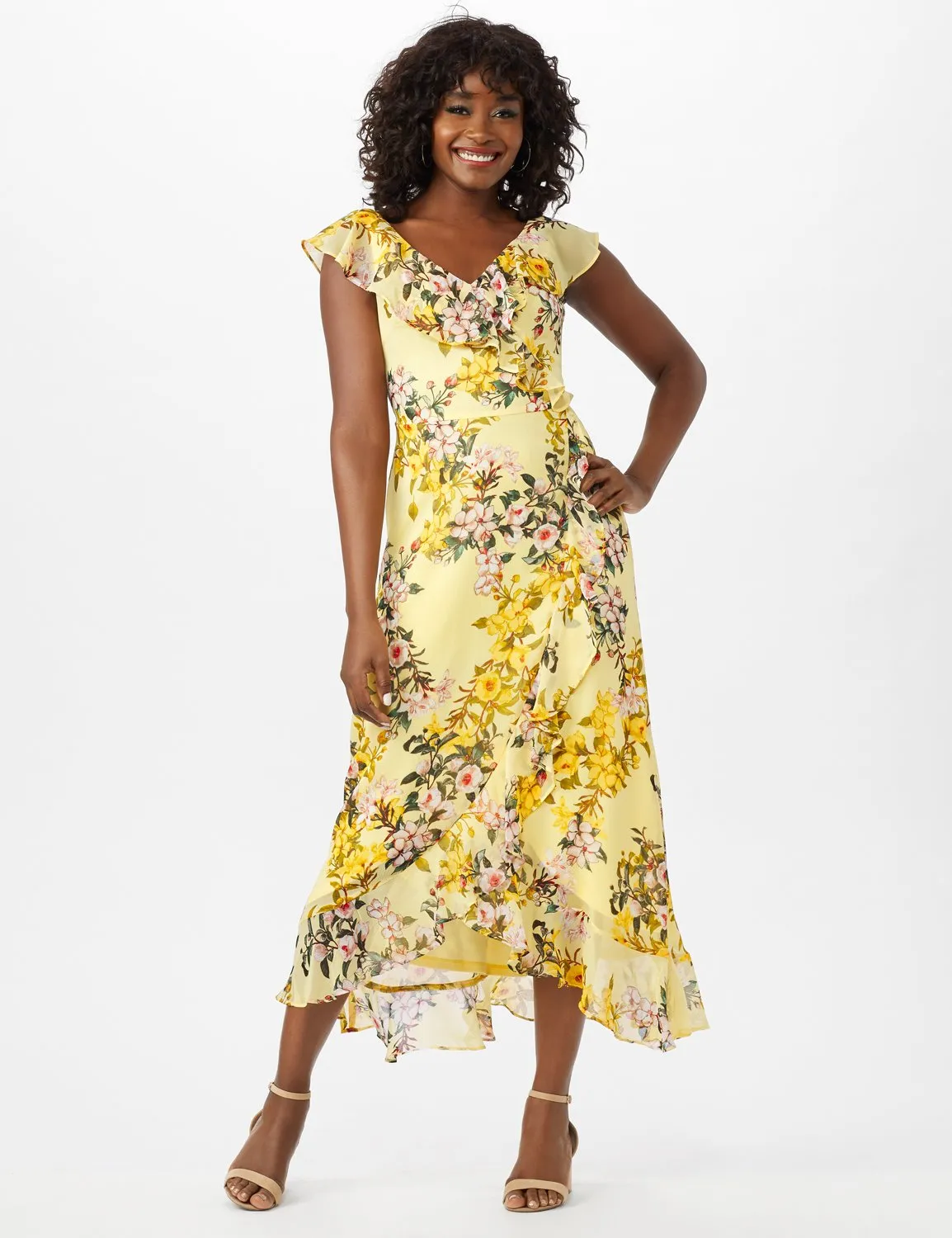Flutter Sleeve Mock Wrap Floral Print Yoryu Chiffon Dress