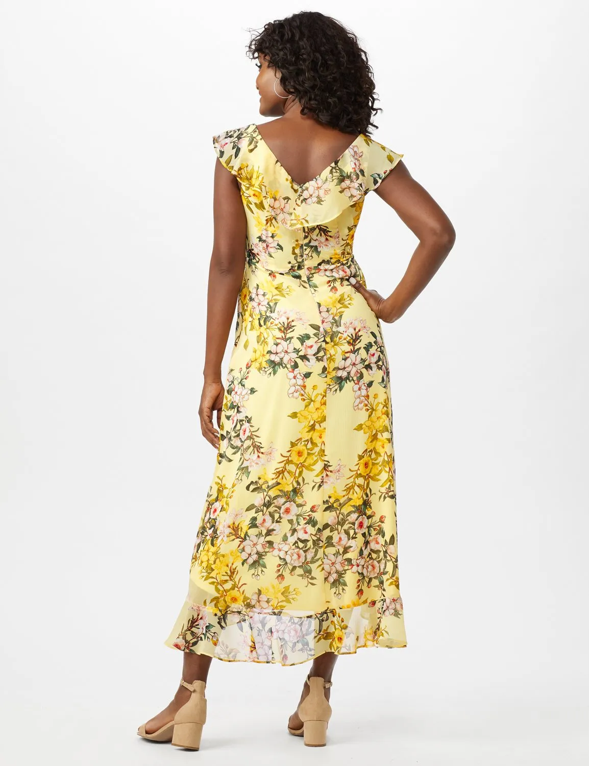 Flutter Sleeve Mock Wrap Floral Print Yoryu Chiffon Dress