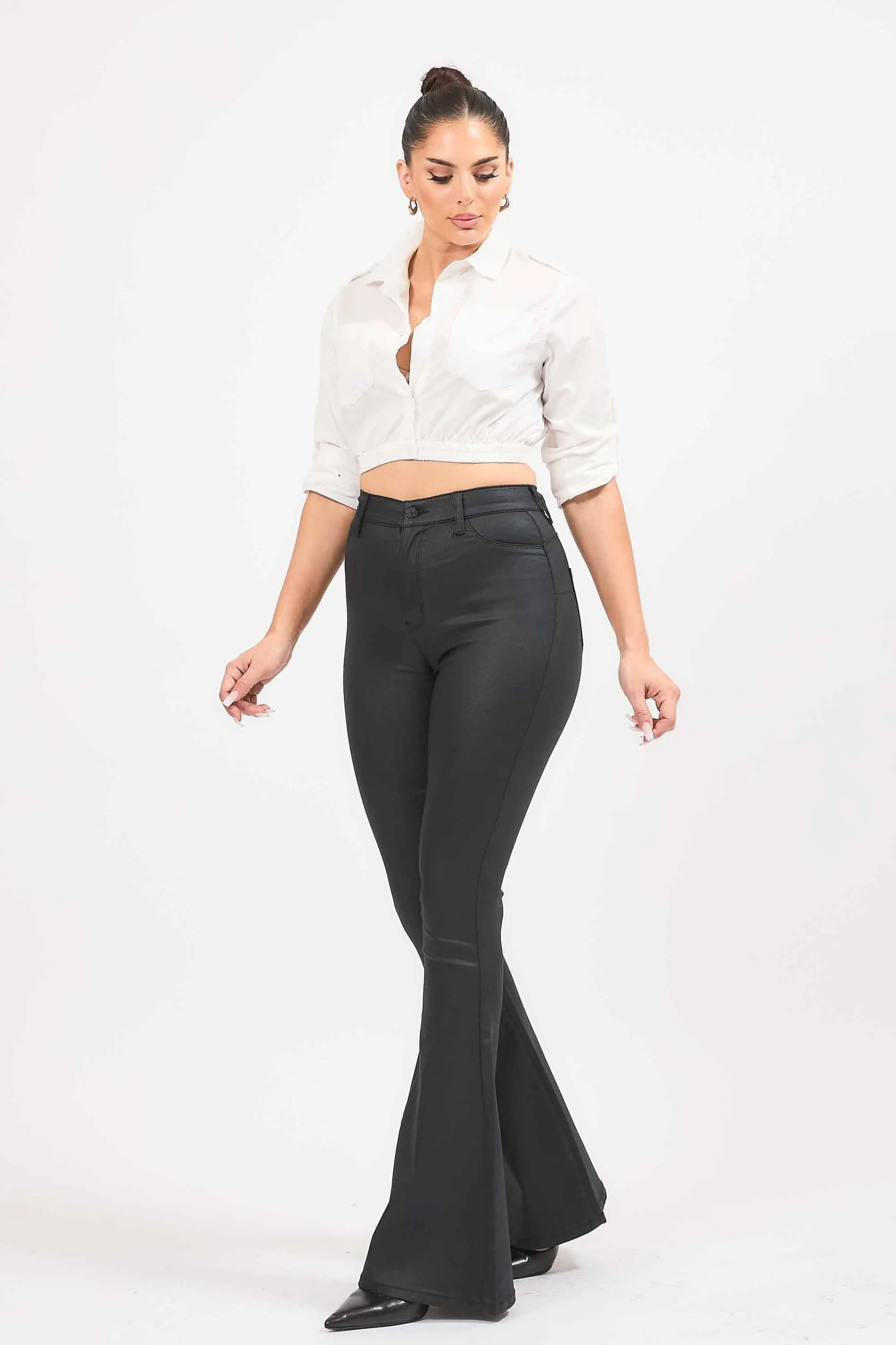 High-Rise With Curvy Back Coated Flare Jeans