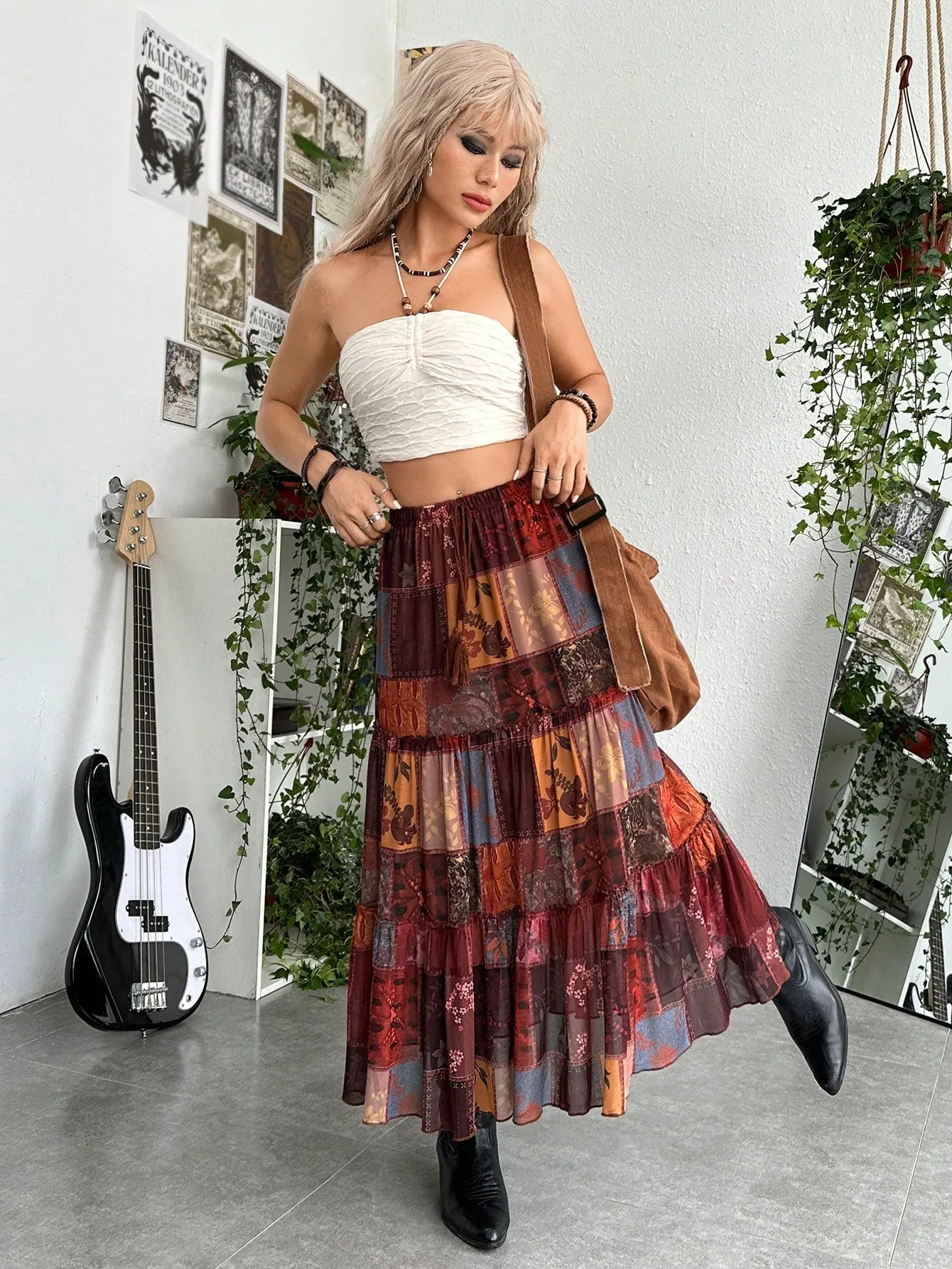 Hippie Grunge Patchwork Print Layered Hem Skirt