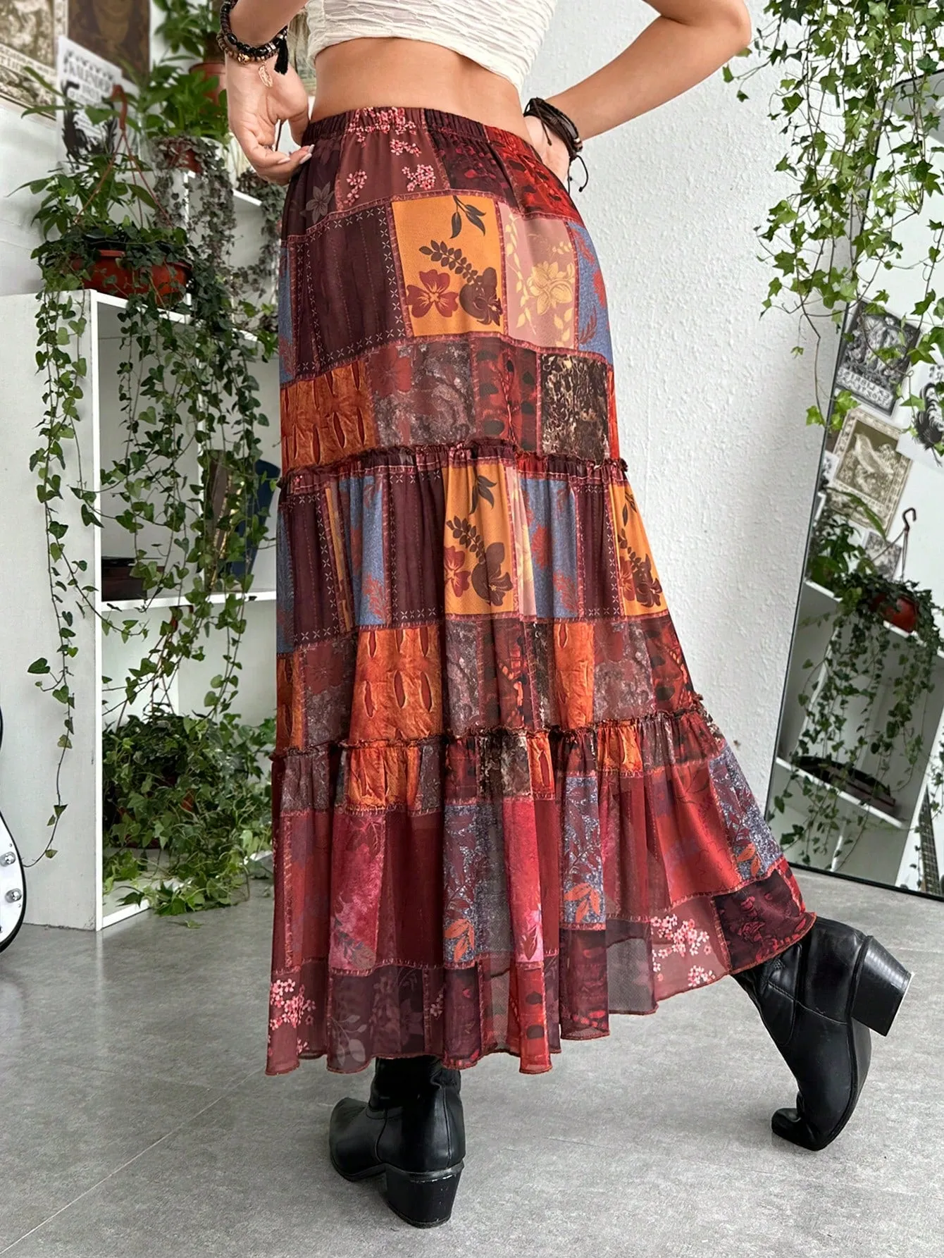 Hippie Grunge Patchwork Print Layered Hem Skirt